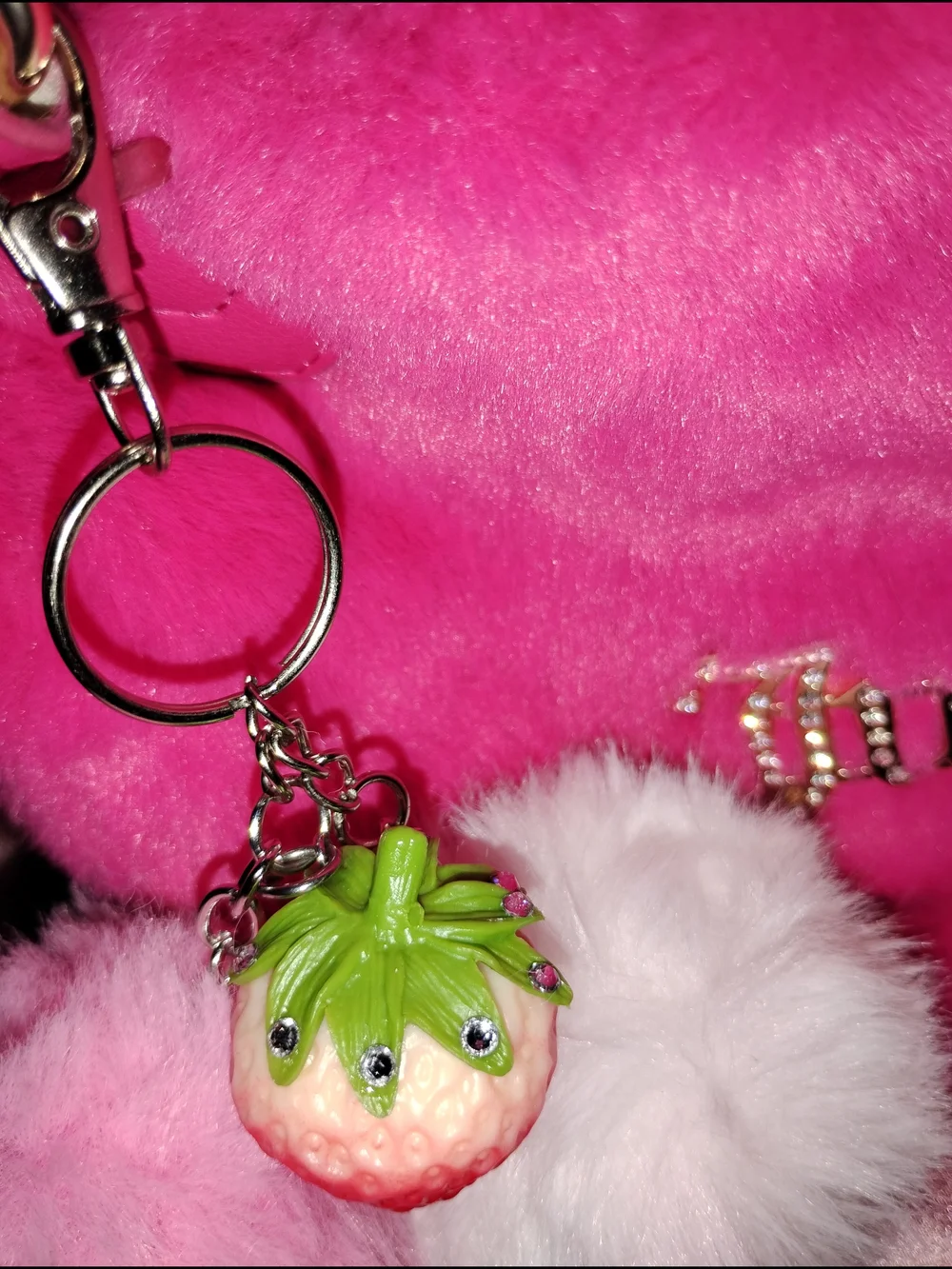 Pink Fur Pom Pom Strawberry Keychain Charm